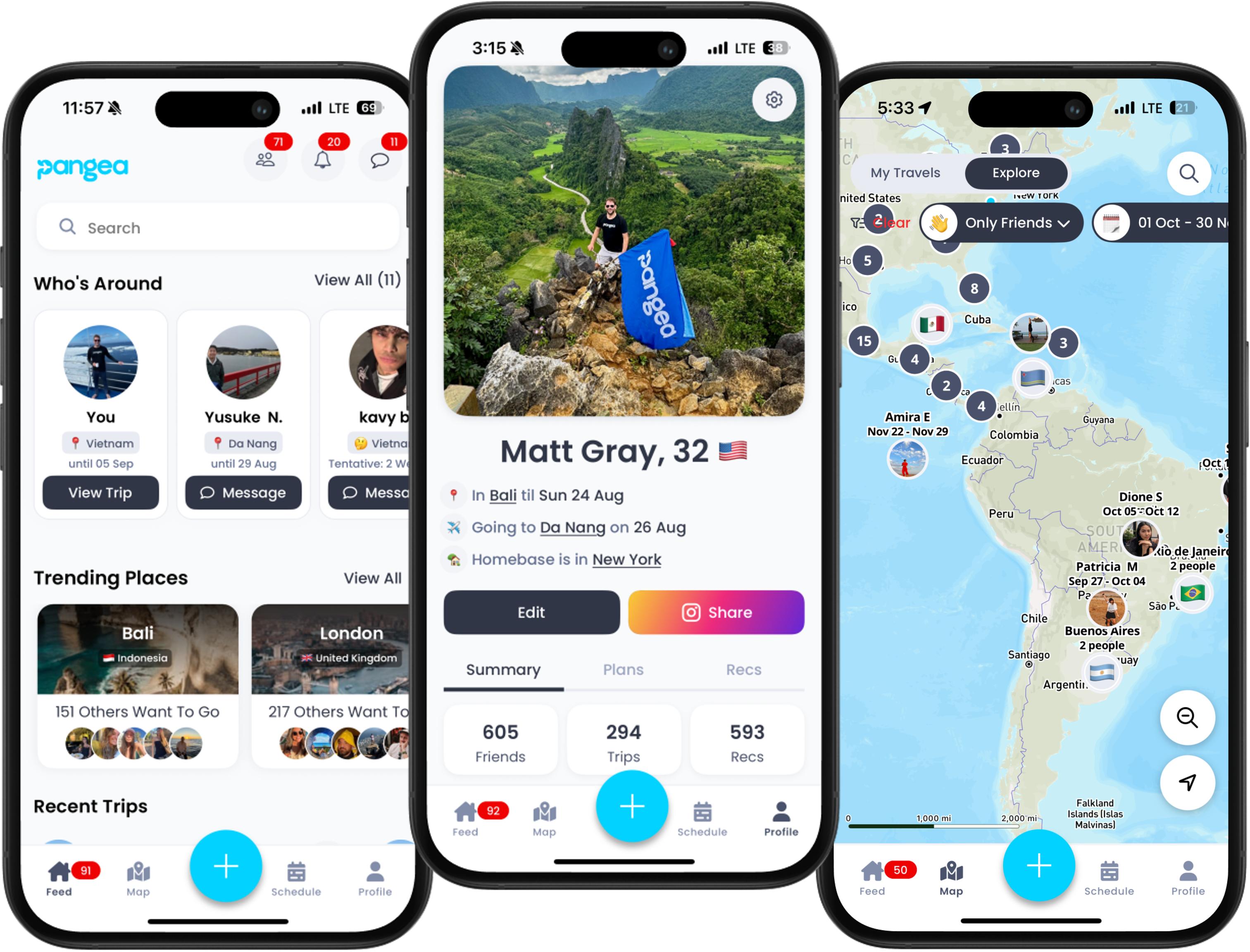 Pangea app screenshots showing nomad travel planning features