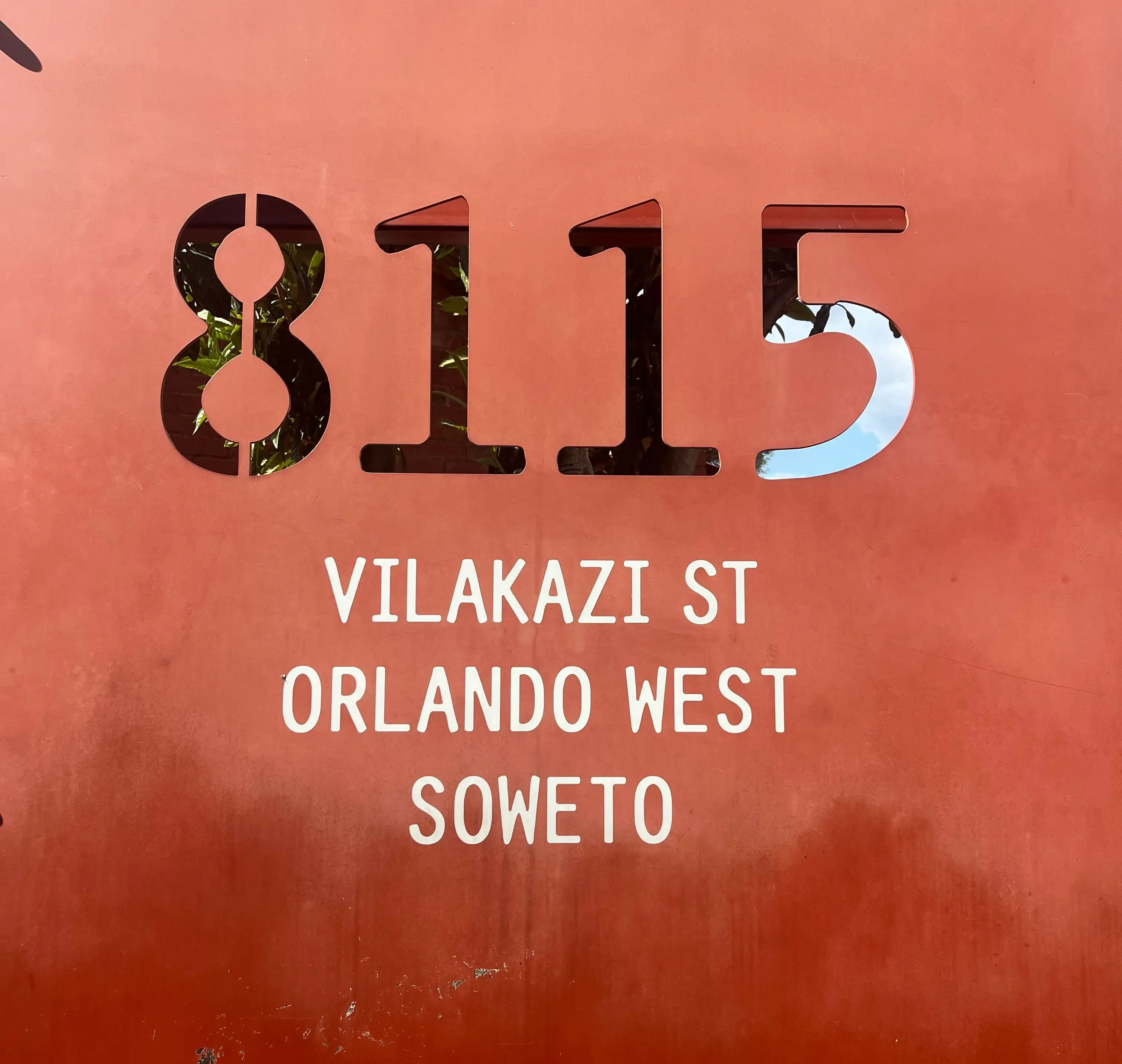 Terracotta address sign for 8115 Vilakazi Street, Orlando West, Soweto, site of the Mandela House museum