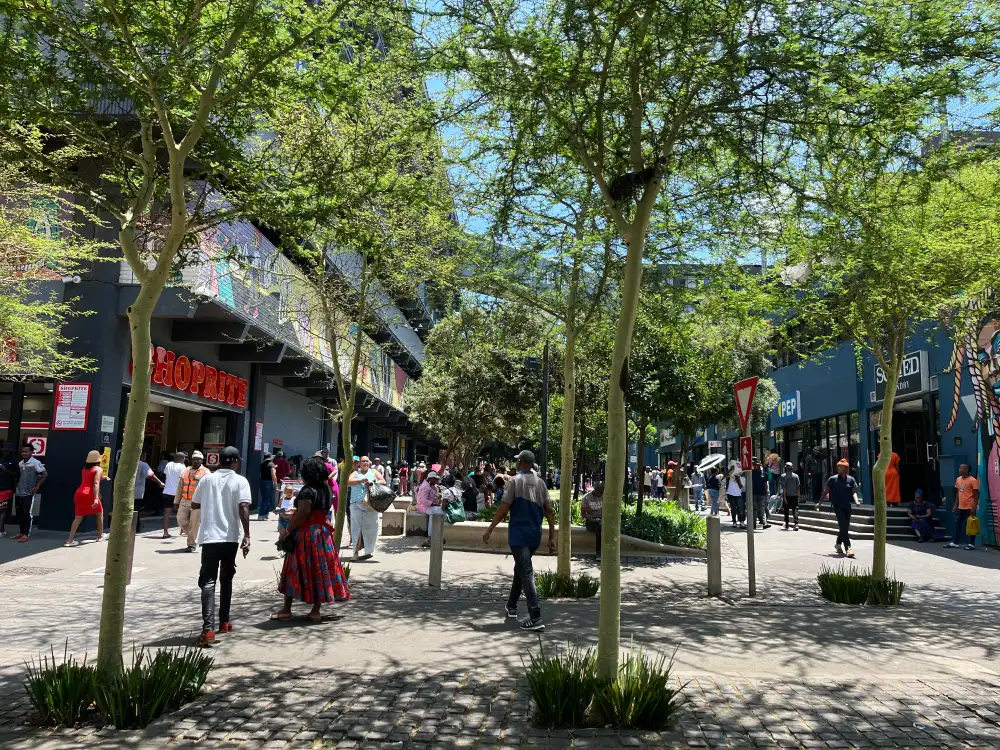Busy pedestrian mall in a South African township with shops, murals, trees, and people walking between storefronts