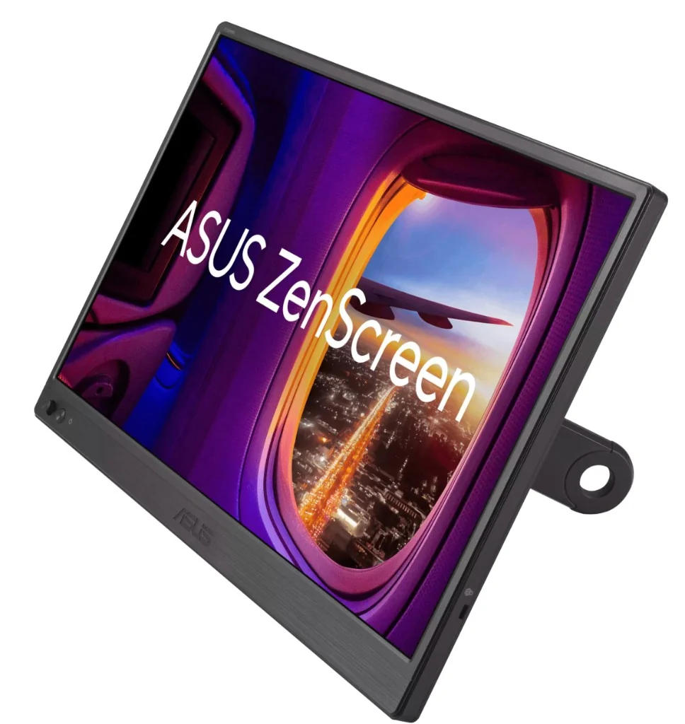 ASUS ZenScreen portable monitor standing on its kickstand with a travel wallpaper on screen