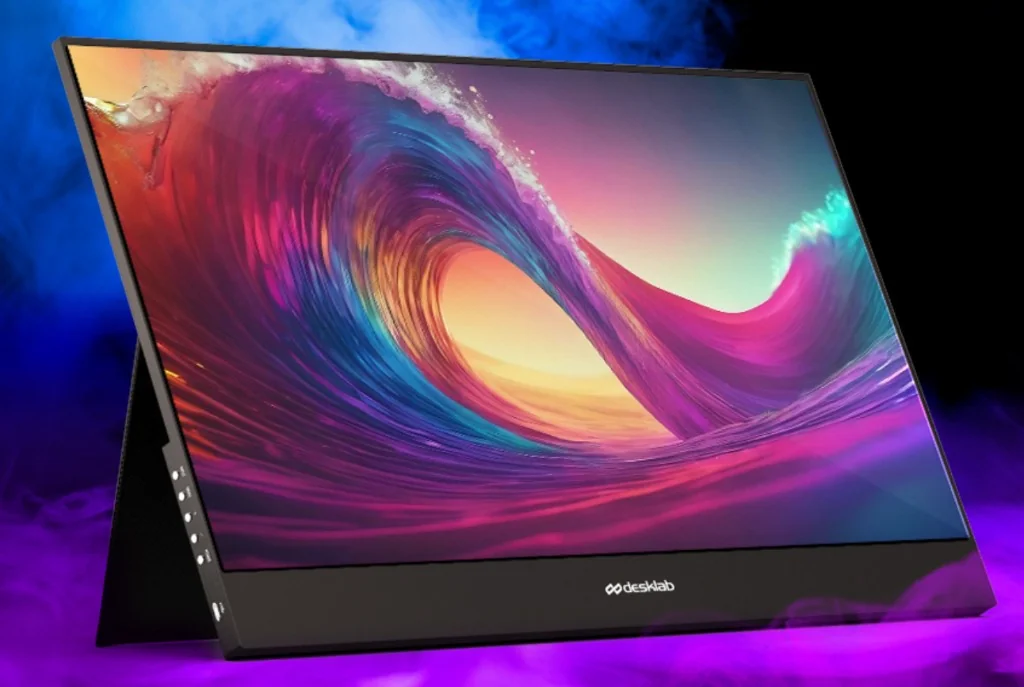 Desklab 4K touchscreen portable monitor with a folding cover stand and neon-lit display