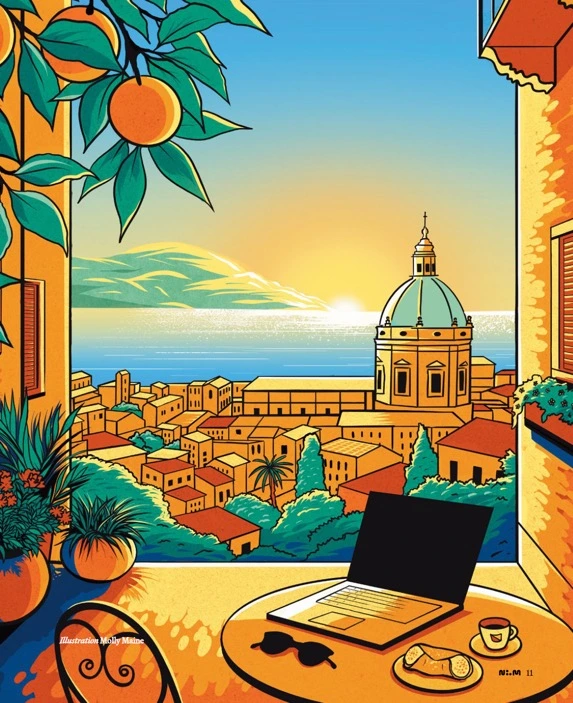 Palermo illustration — laptop on a terrace overlooking the city, cover story in Nomad Magazine Edition Four