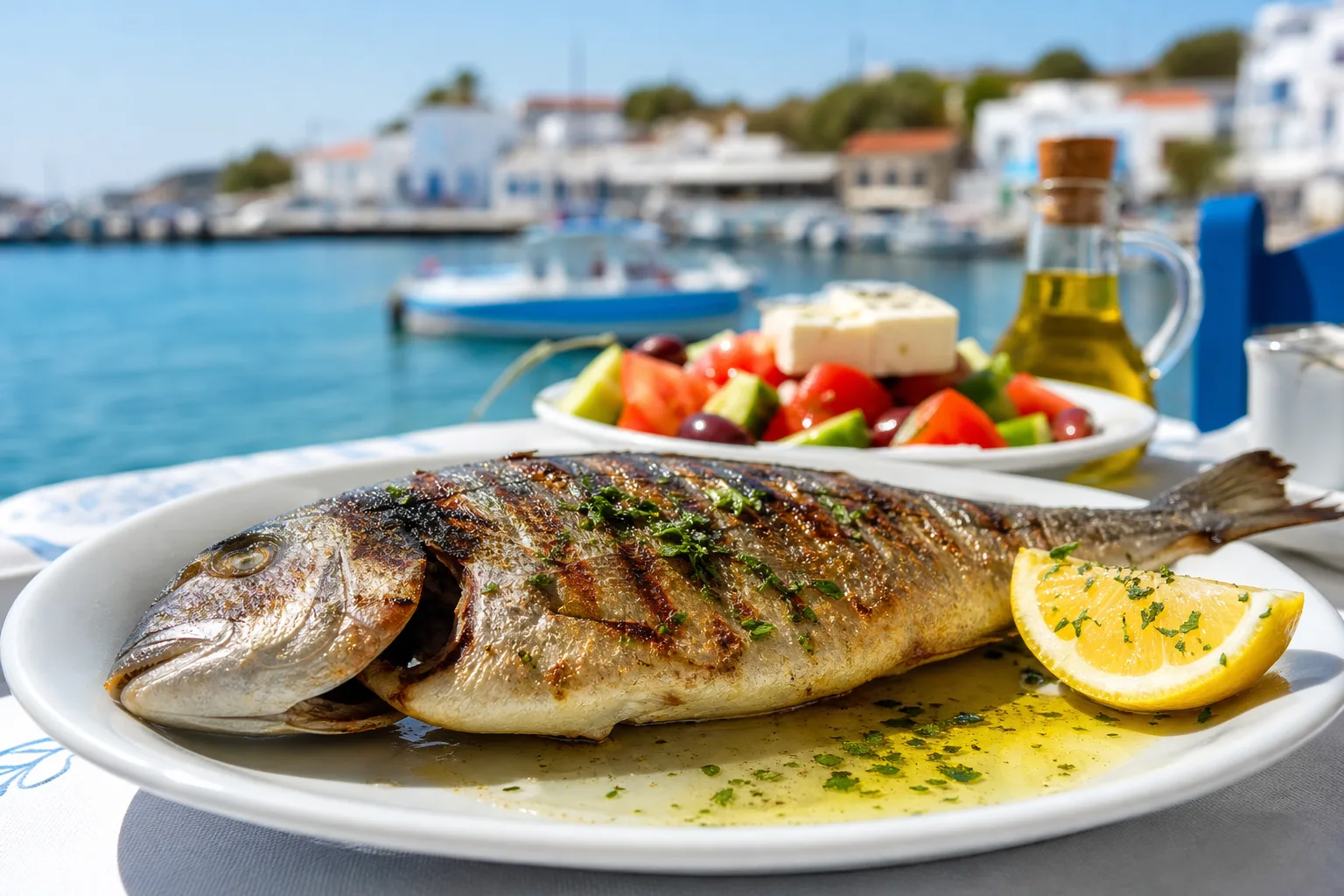 Whole grilled Mediterranean fish with lemon at a Greek seaside taverna