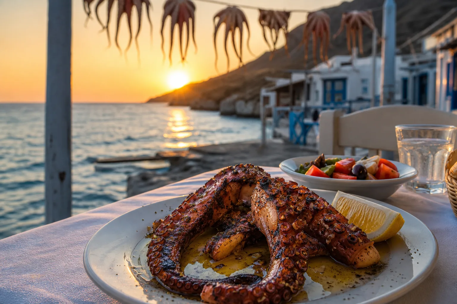 Charred grilled octopus with olive oil and lemon at a Greek seaside taverna