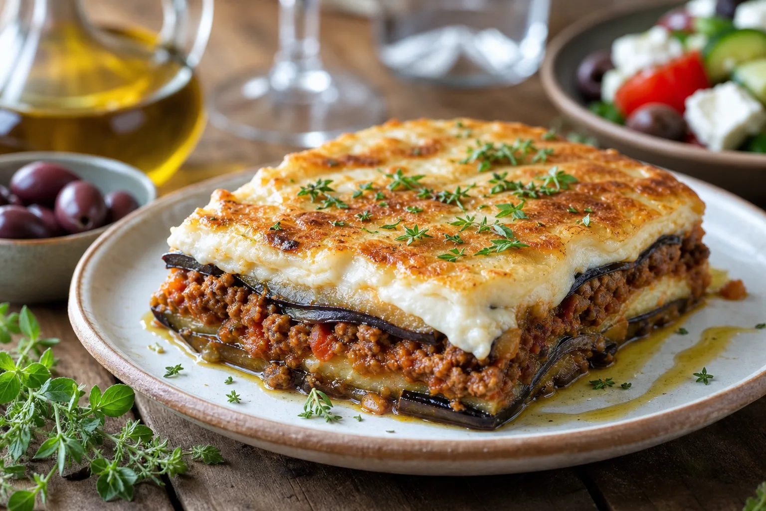 Golden baked Greek moussaka with creamy béchamel on a rustic taverna plate