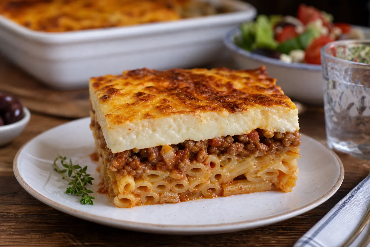 Slice of Greek pastitsio with golden béchamel and cheese crust on a taverna plate