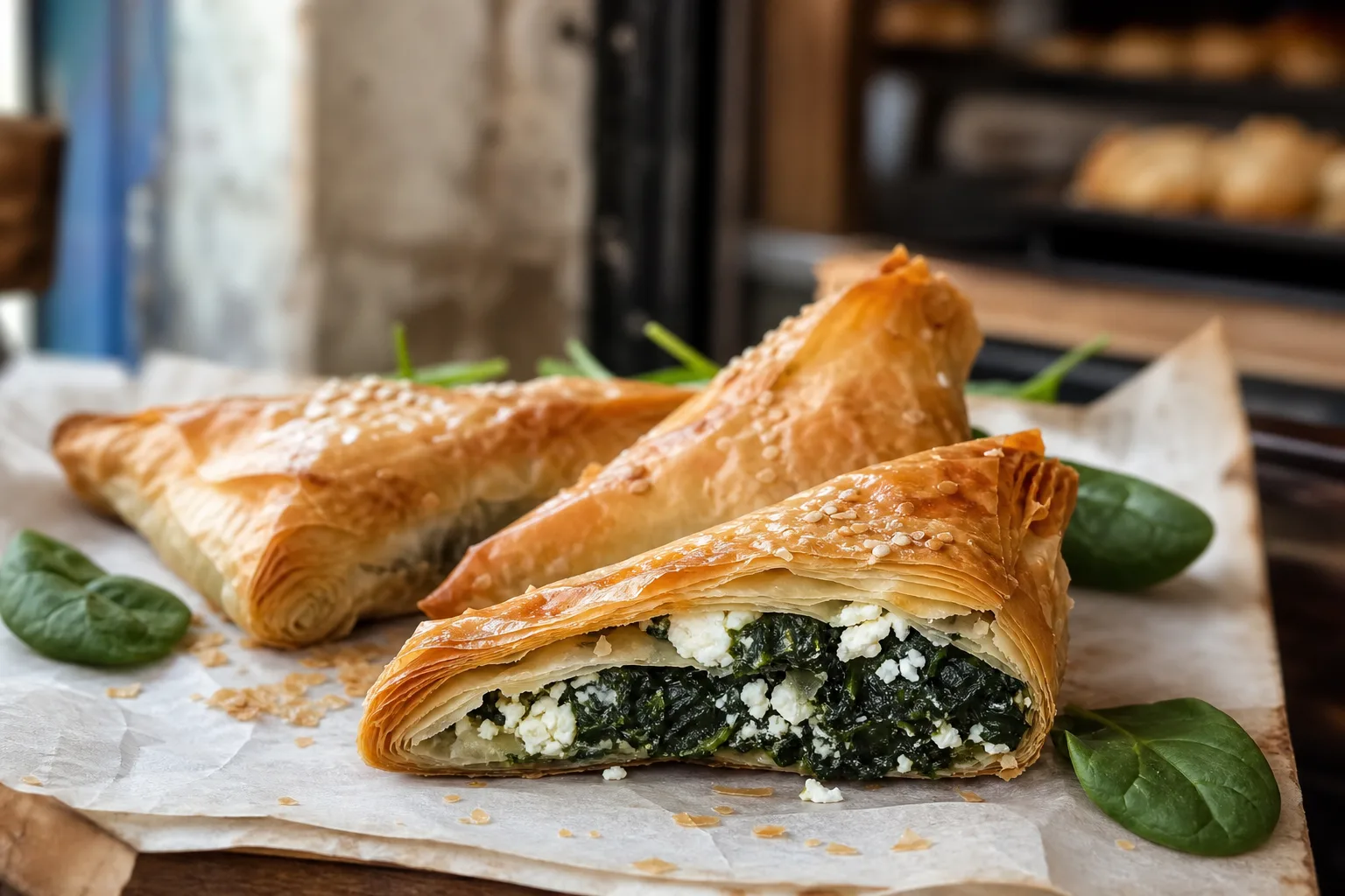 Crispy golden Greek spanakopita phyllo pastry with spinach and feta