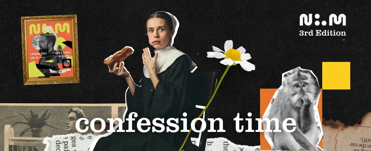 Confession Time - 3rd Edition artistic header with magazine covers and creative elements