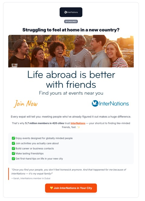 Featured newsletter announcement example showing premium placement and styling