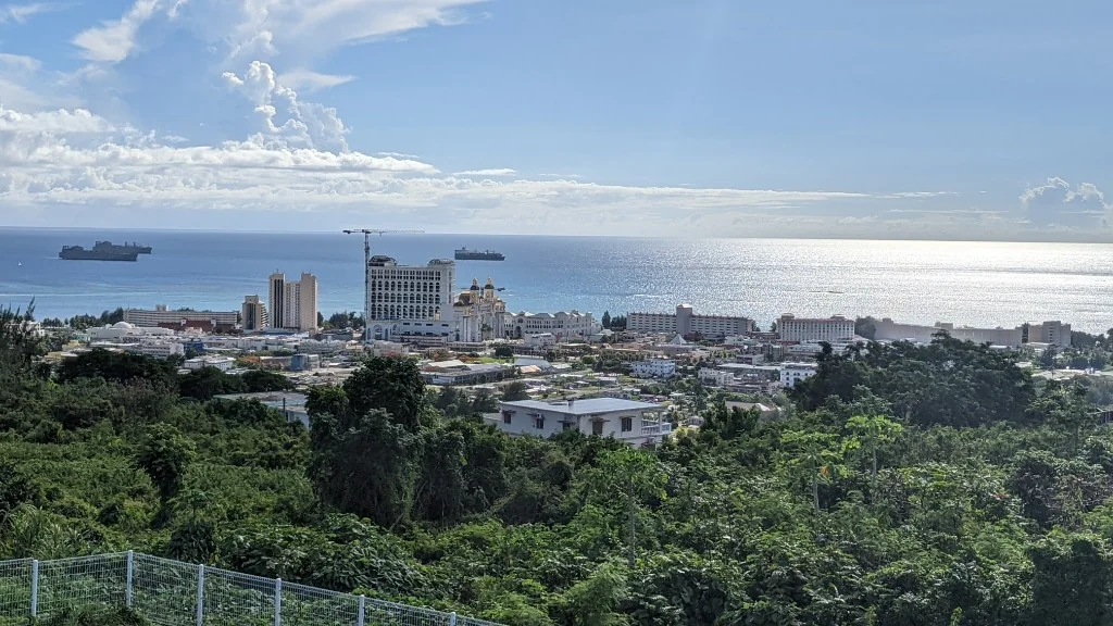 Elevated view of Garapan business district and the Saipan coastline