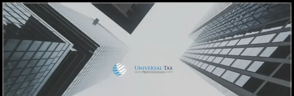Universal Tax Professionals homepage featuring the company logo over a city skyline