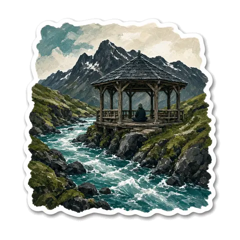 Illustrated sticker of a wooden gazebo above a teal glacial river and dark mountains