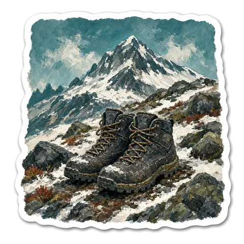 Illustrated sticker of hiking boots on a snowy mountain trail