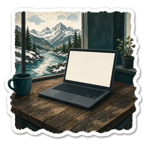 Illustrated sticker of a laptop on a wooden desk looking out at a mountain river