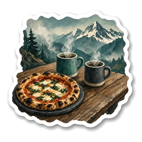 Illustrated sticker of a wood-fired pizza and two mugs with mountains behind