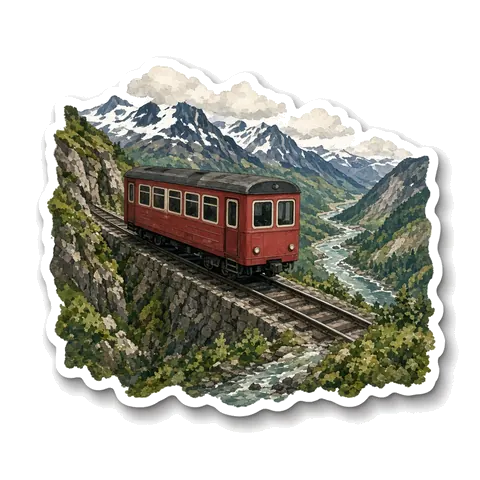 Illustrated sticker of a red train on a mountain track above a green valley